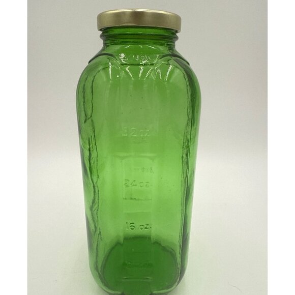 Vintage Embossed Green Glass Refrigerator Water Bottle Gold Metal Lid 32 Oz Lid - Picture 2 of 11